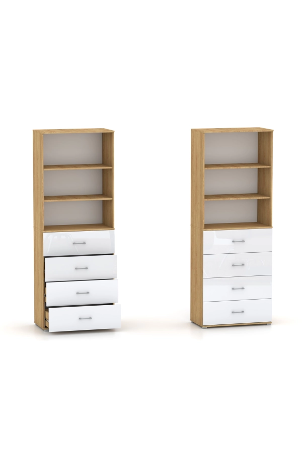 Regał Szafa POLA 215 4S3P - 4 szer. Biały mat połyk. Hikora Naturalna